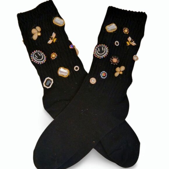 Golden Diamond Embroidered Crystal Charm Black Junk Slouch Socks  TT1516 - Picture 1 of 7